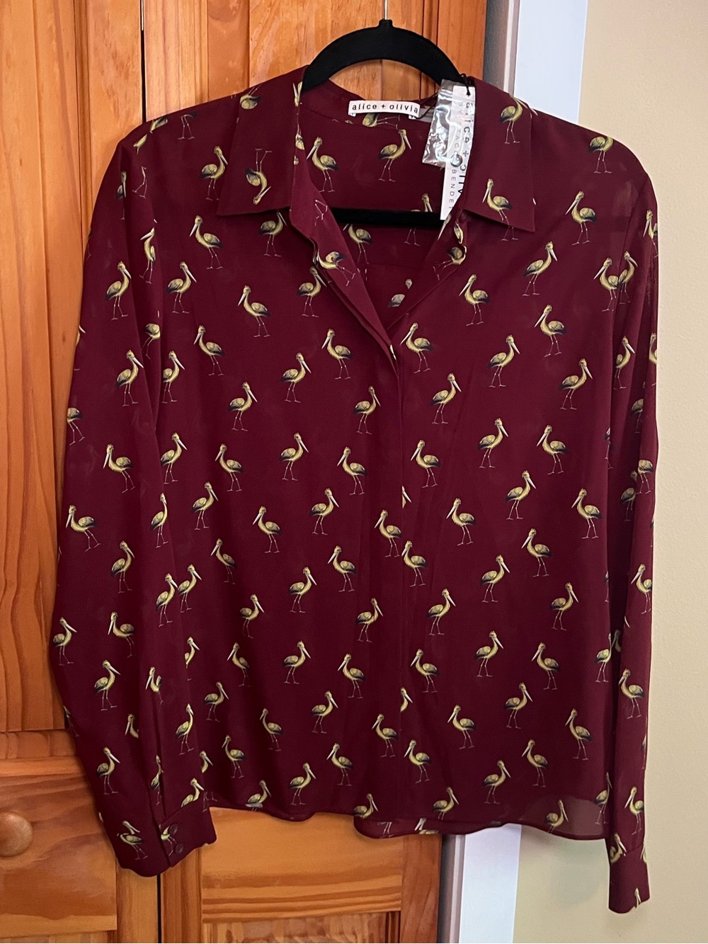 Alice + Olivia Burgundy Silk Button-Down Shirt with Pelican Print NWT SZ L